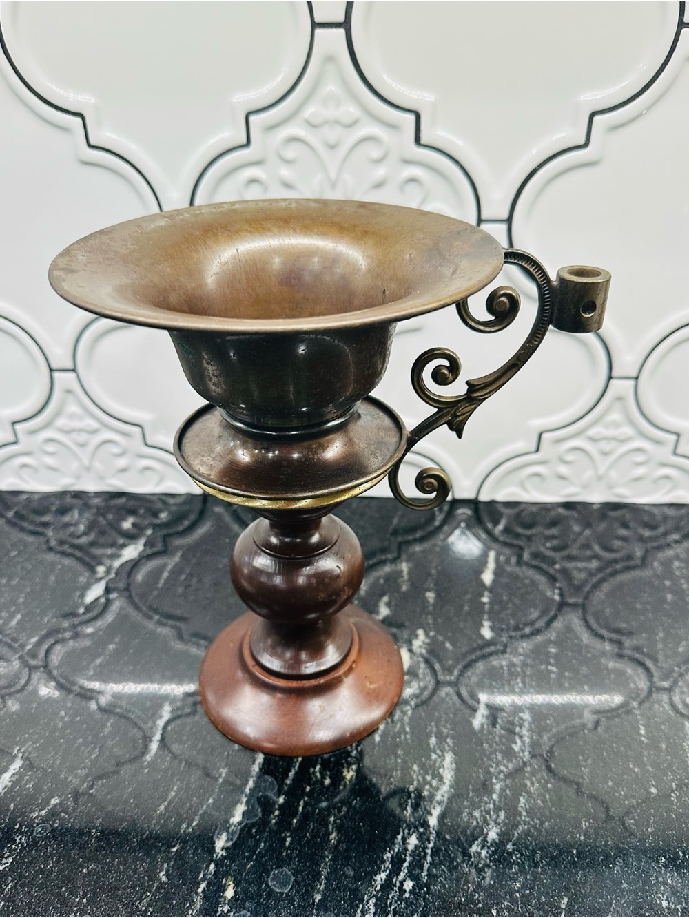 Antique-Style Brass and Wood Candle Holder - Brown